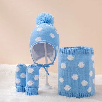 1 Комплект детска топла зимна шапка, шал, ръкавици, Вязаная шапчица-бини, Ръкавици, шалове