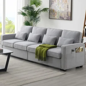 104-инчов диван от ленена тъкан с Джобове в Подлокотниках и 4 Възглавници, 4-местен диван в минималистичном стил за дневната, Апартамент, Сив