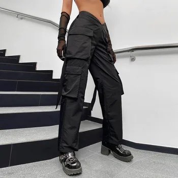 2023 Дамски панталони-карго свободно, намаляване, мешковатая дрехи, черни летни панталони с ципове с висока талия и тънък шнурком