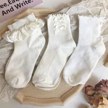 3 Чифта Бели Чорапи С Лък, Дантелени Чорапи в стил Лолита 