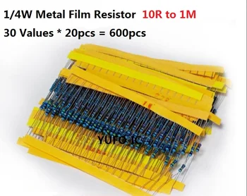 30 стойности * 20PCS = 600ШТ 10 Ома-1 м Ом 1/4 W Комплект резистори с 1% Метален пълнител Разнообразни 100R 470R 510R 670R 1k 10k 4,7 k 100k Опаковка