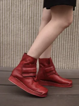 Artmu Оригинални дамски ботильоны на равна подметка от естествена кожа, червени обувки на платформа с плетене на една кука и линия, Луксозна ръчно изработени обувки, Дамски къси ботуши