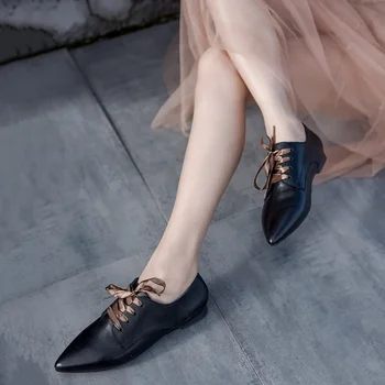 Artmu/ Оригинални дамски обувки на дантела с остри пръсти от естествена кожа, луксозни обувки в британския стил, елегантен модел обувки, дамски черни