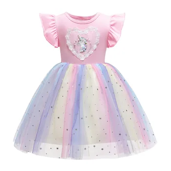 FIENPAT/ Бебешки окото дантелени рокли за момичета, дрехи принцеса на сватбени партита, детско рокля с единорогом и дъга, от 2 до 10 години