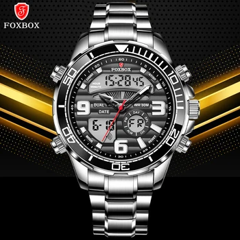 FOXBOX 2023 Нови часовници мъжки, са най-добрата марка за луксозни кварцов мъжки часовник от неръждаема стомана, черна водоустойчива големи спортни часовници, мъжки часовници