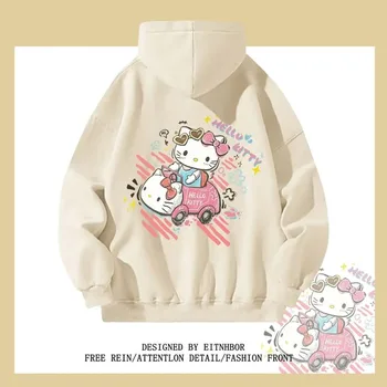 Sanrio Аниме Kawaii Hello Kitty Свободен памук пуловер с качулка, ежедневното палто с качулка с хубав модел на карикатура, нови модерни подаръци за момичета
