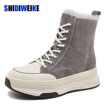 SDWK Зимни Дамски обувки на равна подметка дантела от волска кожа, велур с кръгла пръсти на платформа от топло изкуствена кожа, Ежедневни градинска зимни дамски обувки AD4768