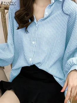 ZANZEA Модни блузи с ревера, блузи, Елегантни Дамски блуза, 2024, Пролетно Клетчатая Офис на женската риза, Корейски туника с дълъг ръкав-фенерче