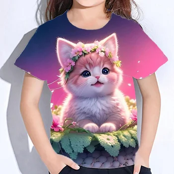 Блузи за деца, летни тениски с котки с къс ръкав, дрехи за момичета и възрастни, тениски с 3D-принтом, Корея, модна тениска Kawaii