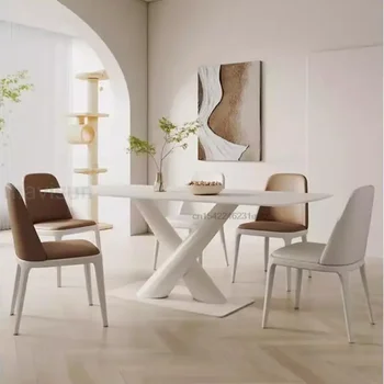 Бяла правоъгълна маса за голям апартамент, плота на масата е от каменни плочи, Кухненски Дизайнерска маса за Хранене, богат на функции мебели