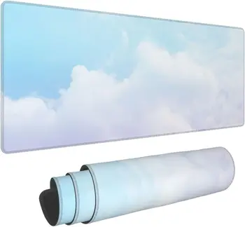Геймърска подложка за мишка с наклон облаците на небето, синьо-бяла нескользящая гумена основа, голяма подложка за мишка XXL с прошитыми ръбове, 31,5 x 11.8 инча