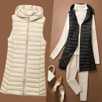 Дамски есенни и зимни якета без ръкави X-long с качулка, новост 2023 г., женски монтиране топла жилетка на бял утином топола за офис дама, палто