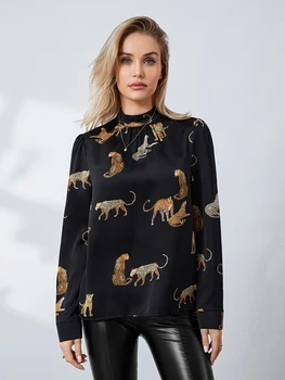 Дамски пролетно-есенна ежедневни риза с дълъг ръкав, пуловер с леопардовым принтом тениска