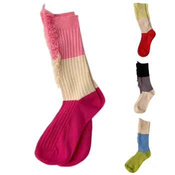 Дамски скъсани чорапи с пискюли, модни чорапи Harajuku Broken Destroyed Colorblock, плетени чорапогащи в рубчик с цветни блокчета, градинска дрехи на хайвер просяк