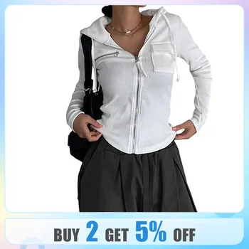 Дамско яке с качулка с цип, ежедневни однотонная hoody с дълъг ръкав и джобове, есенна градинска облекло
