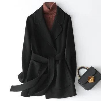 Двустранно демисезонное кашемировое палта за жени, кратко, есен/зима 2023, нова мода, малка фигура, двустранно вълна палто