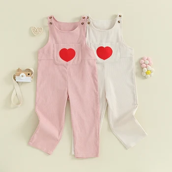 Детски гащеризон за момичета, сладки вельветовые панталони с копчета във формата на сърце, дрехи с джоб за неофициално облекло за Свети Валентин