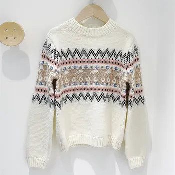детски есенно-зимните пуловери за момичета и момчета, памучни меки върхове, бяла череша жаккардовый вязаный пуловер