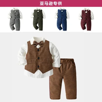 Детски костюм, есенна жилетка, памук жилетка с дълги ръкави и лък за момче, панталони, дрехи от три елемента