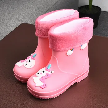 Детски непромокаеми обувки за момичета, гумени дождевики за момчета, топла детска водоустойчив обувки от PVC Modis с анимационни единорогом, сменяем калъф памук