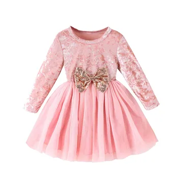 Детско сетчатое рокля в стил мозайка с дълги ръкави и лък за момичета, дрехи за парти