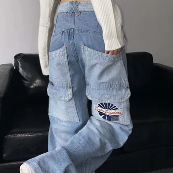 Дънки с бродерия American street unisex vibe ретро дизайн с множество джобове, выстиранная двойка, свободни универсални дънкови панталони