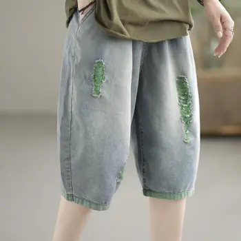 Дънкови шорти в контрастен цвят, дамска мода, выгорающий дизайн, Тънки дънки, Са Свободни, Тънки панталони Harlan, Лятна тенденция на Тънки къси панталони.