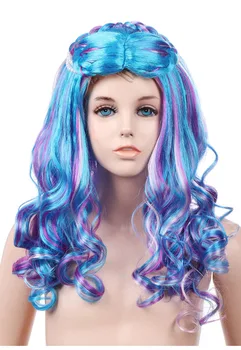 Евтини семицветный комплект перуки с голяма вълна, със средна дължина, с дантела отпред, в под-ръка, русалка, синьо-лилаво перука за cosplay, pelucas, перука Лолита