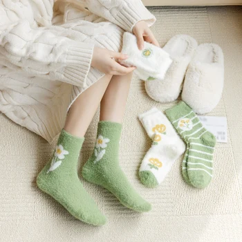 Ежедневни чорапи, Топли Пухкави Чорапи, Чорапи с растения Лале Слънчоглед Чорапи По пода Чорапи с цветя Имитация на кадифе от норка