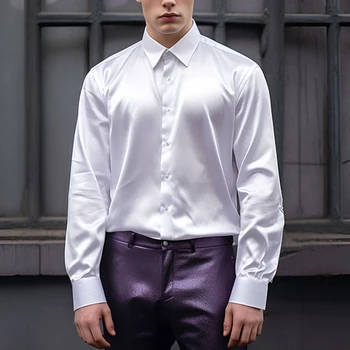 Елегантна мъжка риза от атласного коприна Slim Fit с дълъг ръкав Са подходящи за партита и специални случаи (110 символа)