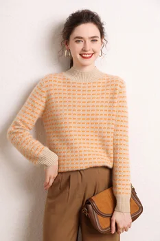 Есенно-зимния нов дамски пуловер от чист кашмир с кръгло деколте, контрастиращи плетени и дълъг ръкав, свободен топ с мързеливи дъното