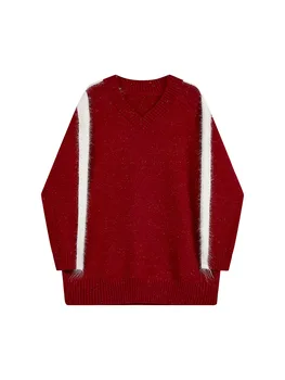 Есенно-зимния пуловер с V-образно деколте, пуловер Harajuku, Офис женски Лесен скок от еластичен трикотаж, Всекидневни дебел топъл Основен жилетка Оверсайз Tide