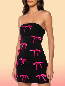 Жена дебнещ мини рокля Y2K без презрамки, секси рокля-тръба в контрастен цвят с лък, Лятото е Кратко рокля-bandow за юношески клуб