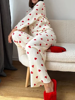 Жена пижамный комплект от 2 теми, риза с дълъг ръкав и копчета, с принтом във формата на сърце и ластични панталони, дрехи за почивка, мека пижама
