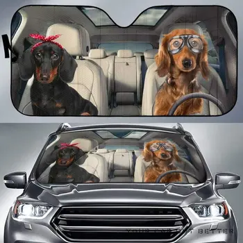 Забавна двойка Дашундских Кучета, Управляващото лявата ръка Автомобилен Навес за Любовник Докси, Двойка Дашундских Кучета В Червената Превръзка на главата и Очила