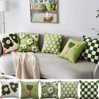 Калъфка за възглавница с бродерия от зелени растения, Хлопчатобумажный платно, Декоративна възглавница с цветен модел, Украса на мека мебел за дневна