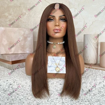 Каштаново-кафяв директен женски перука, изработени от естествени човешки косми U-образната част на 200 плътност, светло кафяво индийски перука Реми V-образна част, евтина цена