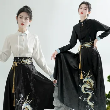 Китайски стил подобряване на династията Мин изискан печатни конче муцуната поли жени висока талия всичко Мач плисирана мини-конче-муцуната на пола