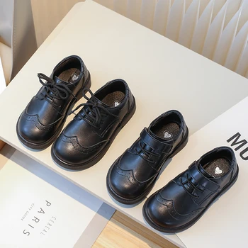 Кожени обувки за ученици в британския стил, черна есенна обувки на равна подметка за момчета и момичета, лека дишаща нескользящая универсална детска обувь26-36
