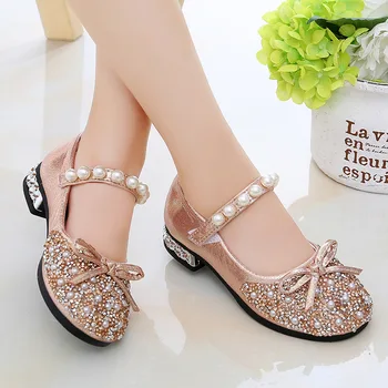 Кожени обувки на принцесата за момичета, детски обувки на плоска подметка с декорация във формата на кристали, малки обувки на висок ток, детски обувки с мека подметка за студентски танци