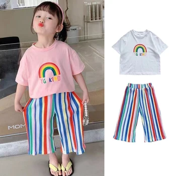 Комплект дрехи за малките момичета, тениска с къс ръкав за деца + панталони, 2 броя дрехи, лятна нов детски костюм Rainbow в корейски стил 2023 година на издаване