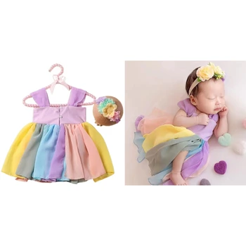 Комплект за фотосесия на новородено, цветна рокля-комбинация, цвете превръзка на главата, подпори за фотосесия, костюм за момичета, костюм за снимки на бебета, 2 ЕЛЕМЕНТА P31B