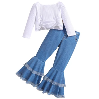 Комплект от 2 теми Пролетта луксозни детски дрехи за момичета, Корейски модни Бели памучни детски потник + разкроена дънки, детски дрехи BC828