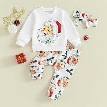 Комплект панталони за новородено, hoody с коледна елха за малки момичета и панталони с еластичен ластик на талията, костюми за деца