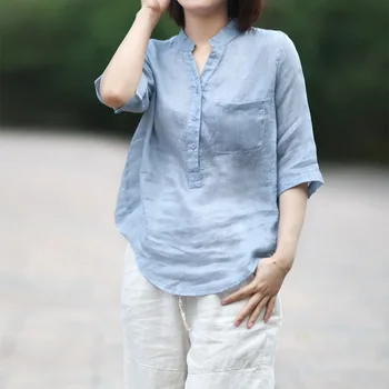 Корейската мода Ежедневно бельо памучен риза с яка-прием за жени, Лятото е Свободен тънък топ с къс ръкав