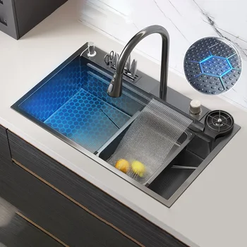 Кухненска мивка ръчно изработени от неръждаема стомана 304, клетъчна, Нано-Голяма мивка за измиване на съдове с релефни 