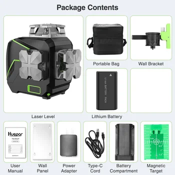 Лазерен Ниво Huepar 8 Lines Cross Green Beam с Самовыравнивающимися Ръчни Инструменти за Изравняване на Нива с Метален Капак и USB-Зарядно Устройство / Суха Литиево-йонна Батерия