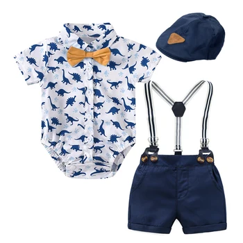 Летни дрехи за малки момчета с модел на динозавър, костюм с красива шапка-лък за новородено, модерен гащеризон с къс ръкав за новородено.