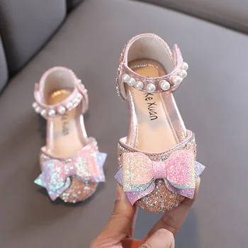 Летни сандали Принцеси за момичета; Нови детски фини обувки с перли, пайети и лък; Модни нескользящие детски сандали на равна подметка за изказвания H532