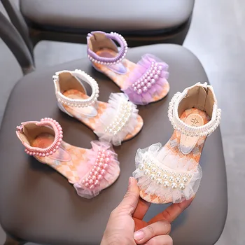 Лятна мода за момичета С перли Мека подметка устойчива на плъзгане Плажни обувки Детски Отдих Еластична лента за защита на глезените, Сандали с плоска подметка
